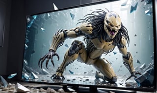 POV you looking at: a double exposure view of a: hyper surreal realistic picture of the Predator trying to escape a TV, ((cracking the screen of the TV)), (glass shards fly everywhere:1.2)
,skpleonardostyle
