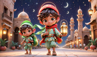 A small cute cartoon featuring [cute Egyptian boy] in [old cairo], starry night, Ramadan, holding a lantern, in the style of anime-inspired characters, realistic landscapes with soft, tonal colors, radiant clusters, characterful animal portraits, [red and green, transportcore, gigantic scale