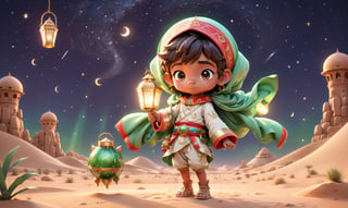 A small cute cartoon featuring [cute Egyptian boy] in [egyptian desert], starry night, Ramadan, holding a lantern, in the style of anime-inspired characters, realistic landscapes with soft, tonal colors, radiant clusters, characterful animal portraits, [red and green, transportcore, gigantic scale