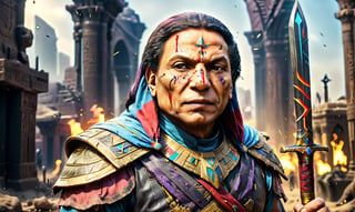 Egyptian warrior phoroh king, evil look, wearing ancinet egyptian clothes, blood on face, wounds in face, adel emam with sword in his hand, High detailed, Color magic,cyberpunk style,adel emam,LegendDarkFantasy,photo r3al,colorful,color art,color chaos,more detail XL, cinematic moviemaker style