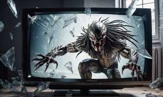 POV you looking at: a double exposure view of a: hyper surreal realistic picture of the Predator trying to escape a TV, ((cracking the screen of the TV)), glass shards fly everywhere
