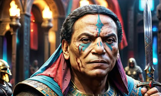 Egyptian warrior phoroh king, evil look, wearing ancinet egyptian clothes, blood on face, wounds in face, adel emam with sword in his hand, High detailed, Color magic,cyberpunk style,adel emam,LegendDarkFantasy,photo r3al,colorful,color art,color chaos,more detail XL, cinematic moviemaker style