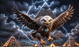 Realistic and fun image of a [eagle] with a joyful expression, [flying over the pyramids]. motion blur, at night, thunderstorm, giving the scene a lively, energetic atmosphere.
,disney pixar style