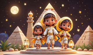 A small cute cartoon featuring [cute Egyptian boy] and his family, celebrating Ramadan in [pyramids of Giza], starry night, Ramadan, holding a lantern, in the style of anime-inspired characters, realistic landscapes with soft, tonal colors, radiant clusters, characterful animal portraits, [yello and red, transportcore, gigantic scale,3D MODEL