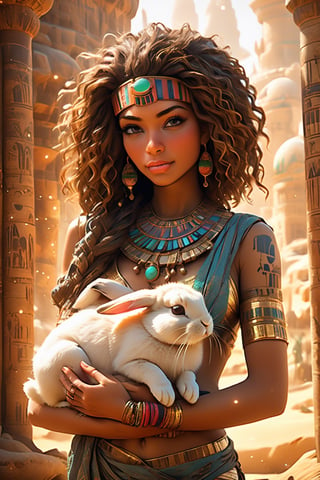 Young egyptian woman cradling a bunny, pheronic costume, ultra detailed atmospheric details, beautiful glowing effects, sparkle effects, realistic body proportions, beautiful face proportions, complex masterpiece, wild hair style, creative glowing detailed tattoos, complex physics, enhanced colors, complimentary colors, ultra detailed raytracing reflections, Ultra detailed complex background, environment feels alive
