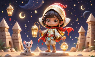A small cute cartoon featuring [cute Egyptian boy] in [pyramids], starry night, Ramadan, holding a lantern, in the style of anime-inspired characters, realistic landscapes with soft, tonal colors, radiant clusters, characterful animal portraits, [yello and red, transportcore, gigantic scale