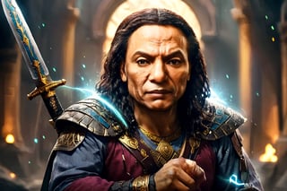 Portrait of egyptian warrior adel emam and sword in his hand, High detailed, Color magic,cyberpunk style