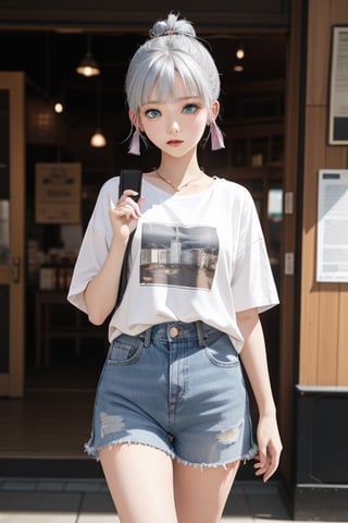 1girl, short blue hair, blue eyes, wearing plain white shirt, denim shorts, city, absurdres, high res, ultrasharp, 8K, masterpiece, looking at viewer and naked ,Lalisa,kamisato_ayaka