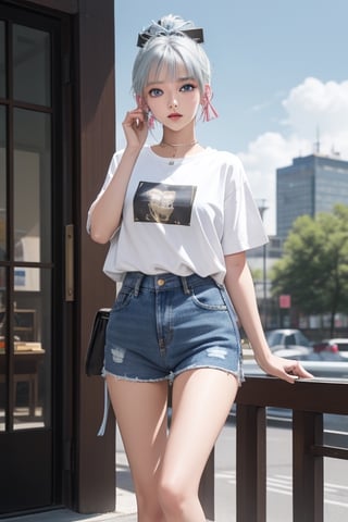 1girl, short blue hair, blue eyes, wearing plain white shirt, denim shorts, city, absurdres, high res, ultrasharp, 8K, masterpiece, looking at viewer


,Lalisa,kamisato_ayaka