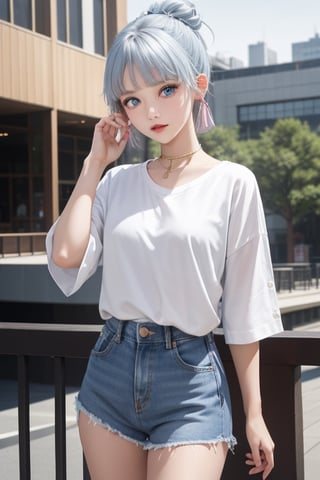 1girl, short blue hair, blue eyes, wearing plain white shirt, denim shorts, city, absurdres, high res, ultrasharp, 8K, masterpiece, looking at viewer
and naked


,Lalisa,kamisato_ayaka