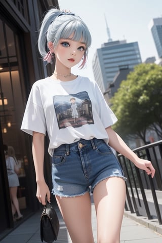 1girl, short blue hair, blue eyes, wearing plain white shirt, denim shorts, city, absurdres, high res, ultrasharp, 8K, masterpiece, looking at viewer


,Lalisa,kamisato_ayaka