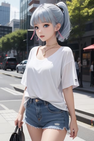 1girl, short blue hair, blue eyes, wearing plain white shirt, denim shorts, city, absurdres, high res, ultrasharp, 8K, masterpiece, looking at viewer


,Lalisa,kamisato_ayaka