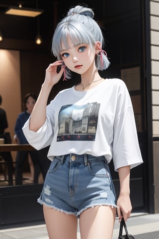 1girl, short blue hair, blue eyes, wearing plain white shirt, denim shorts, city, absurdres, high res, ultrasharp, 8K, masterpiece, looking at viewer


,Lalisa,kamisato_ayaka