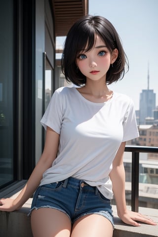 1girl, short black hair, blue eyes, wearing plain white shirt, denim shorts, city, absurdres, high res, ultrasharp, 8K, masterpiece, looking at viewer


