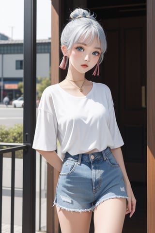 1girl, short blue hair, blue eyes, wearing plain white shirt, denim shorts, city, absurdres, high res, ultrasharp, 8K, masterpiece, looking at viewer and naked ,Lalisa,kamisato_ayaka