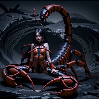 giant scorpion with upper body of a beautiful black-skinned woman, horror, demonic, lurking in dark cave, best quality, face illuminated, predatory smile, darkness,<lora:659111690174031528:1.0>