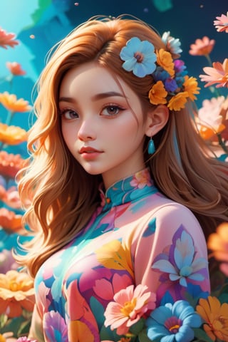 masterpiece, best quality, aesthetic, 1girl, detailed background, isometric, psychedelic art, flower, fractal art