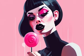 goth girl with black choker and black lipstick holding a pink lollypop to her mouth, in the style of James Gilleard, james gilleard artwork . digital artwork, illustrative,James Gilleard