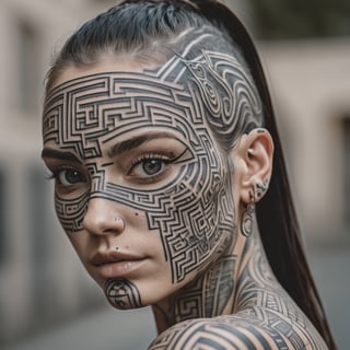 woman's face covered in elaborate labyrinthine tattoos