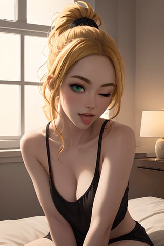 highres, masterpiece, perfect lighting, bloom, cinematic lighting, adult, female, looking at viewer, portrait, upper body, bedroom, night background, green eyes, thick eyebrows, bangs, blonde hair, long flowing hair, ponytail, ahegao,tongue out, arms together, arm between thighs, sitting, realistic, black pupil, pajamas, hyperrealism, wink, ;),one eye closed