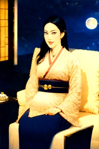 woman\(unohana retsu, mature body, perfect body, black hair, blue eye color, jewelery, bridal gauntlets, rings, amulets, eyelashes, large breasts, large cleavage, pregnant, wearing yukata, sandal, feminine, beautiful, mistress\) The scene should convey a seductive and arrogant smug expression on her face, with an air of arrogance as she maintains eye contact with the viewer, (full body), sitting, background(luxurious japanese balcony, pillows, sky, night, moon, table(sake), pots with flowers),(masterpiece, highres, high quality:1.2), ambient occlusion, low saturation, High detailed, Detailedface
