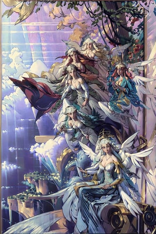 Sera(slim body, long white hair, blue eyes, eyelashes, jewelry, earrings, necklace, wings, angel, armlet, bracelet, ring, wearing dress, angel, large cleavage, big breasts, headdress, bare shoulders, hoop earrings, bridal gauntlets, feminine, beautiful, gentle smile), looking at viewer seductively, sitting on a throne, background(flower, heaven, angels, outdoors, day, sky, tree, plant, cloud, ocean, water, scenery), (masterpiece, highres, high quality:1.2), low saturation,High detailed,perfect,oil painting,classic painting,multiple girls