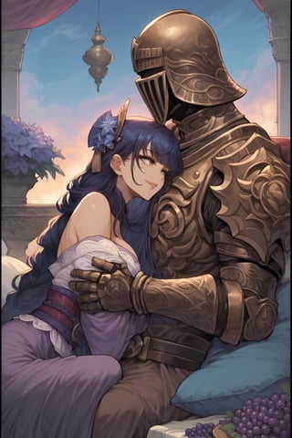 score_9, score_8, score_7, score_8_up, 1boy\(human, giant male, tall male, wearing full madness Armor and helmet, (no-face), armored, from side\) laying and holding womn\(Raiden Shogun, smile on their face, pouty lips, seductive, wearing dress, jewellery, gold\), hugging and resting, sitting on his lap, both staring at him, Arabian garden, pillows, coffee and grapes, score_7_up, csr style, anime, (comic style, comic page, detailed comic with panels),Comics style pony