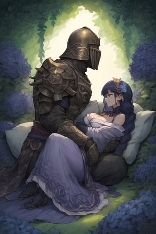 score_9, score_8, score_7, score_8_up, 1boy\(human, giant male, tall male, wearing full madness Armor and helmet, (no-face), armored, from side\) laying and holding womn\(Raiden Shogun, smile on their face, pouty lips, seductive, wearing dress, jewellery, gold\), hugging and resting, sitting on his lap, both staring at him, Arabian garden, pillows, coffee and grapes, score_7_up, csr style, full body, anime