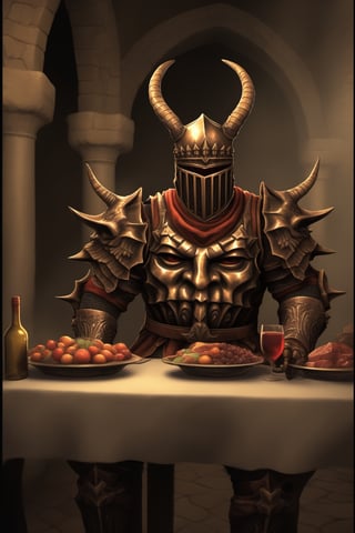 score_9, score_8, score_7, score_8_up, 1man(young, human, tall, wearing madness armor and helmet with distinctive horns, sitting) long table, filled with cooked meat and fruits, wine on the table, inside a medieval castle kitchen,score_7_up,Retro art, (side view, different views, comic page), solo