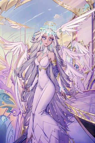 Sera(grey skin, long white hair, blue eyes, eyelashes, jewelry, earrings, necklace, wings, angel, armlet, bracelet, ring, wearing dress, angel, large cleavage, big breasts, headdress, bare shoulders, hoop earrings, bridal gauntlets, feminine, beautiful, gentle smile), looking at viewer seductively, standing, background(flower, outdoors, day, sky, tree, plant, cloud, ocean, water, scenery), (masterpiece, highres, high quality:1.2), low saturation,High detailed,perfect,oil painting,classic painting