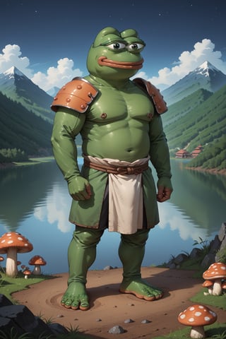 score_9, score_8, score_7, score_7_up, score_8_up, pepe the frog(wise, frog feet, quiet, wearing mongolian armor with helmet and cuirass, ornate, light steel plate design which is worn over cloth padding), (full body) standing, background(mountain, volcano, giant mushrooms, lake, night), (solo), (masterpiece, highres, high quality:1.2), ambient occlusion, low saturation, High detailed, anime