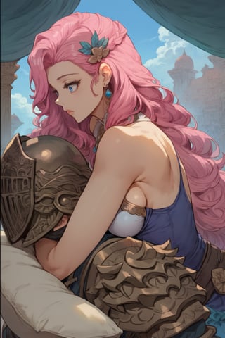 score_9, score_8, score_7, score_8_up, 1boy\(human, giant, tall, wearing full madness Armor and helmet, armored, from side\) laying and hugging comically woman\(SeraphineLoLXL, blue eyes, pink hair, bangs, hair ornament, very long hair, shiny hair, earrings, medium breasts, surprised look on her face, pouty lips, seductive, wearing dress, jewellery, gold\), hugging and resting, sitting on his lap, staring at him, Arabian garden, pillows, coffee and grapes, score_7_up, csr style, anime, (comic style, comic page, detailed comic with panels)