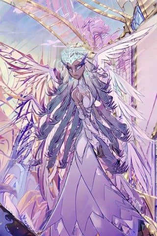 Sera(grey skin, long white hair, blue eyes, eyelashes, jewelry, earrings, necklace, wings, bibilical accurate, angel, armlet, bracelet, ring, wearing dress, angel, large cleavage, big breasts, headdress, bare shoulders, hoop earrings, bridal gauntlets, feminine, beautiful, gentle smile), looking at viewer seductively, standing, background(flower, outdoors, day, sky, tree, plant, cloud, ocean, water, scenery), (masterpiece, highres, high quality:1.2), low saturation,High detailed,perfect,oil painting,classic painting