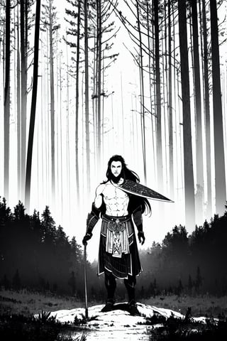 1boy\(male, handsome, young 15 year old, long black hair, viking warrior, tall, musclar, armor, strong jaw, sharp cheekbones, thin lips, shirtless, full body\), standing, background(forest) (masterpiece, highres, high quality:1.2), ambient occlusion, outstanding colors, low saturation,High detailed, Detailedface, Dreamscape, Kirk_sketch, Black and white