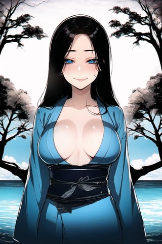 1girl(skinny body, young, 20 years old, long black hair, blue eyes, wearing yukata, small breasts), staring at you seductively with a smile on her face, upper body, background(day, outdoor, sky, sun, ocean, flowers, trees) (masterpiece, highres, high quality:1.2), ambient occlusion, outstanding colors, low saturation,High detailed, Detailedface, Dreamscape,ratatatat74 style
