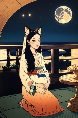 woman\(slim body, long orange hair, red eye color, jewelery, bridal gauntlets, rings, amulets, eyelashes, large cleavage, wearing yukata, pregnant, sandal, feminine, beautiful, mistress, youkai, fox ears, fox tails\) The scene should convey a seductive and arrogant smug expression on her face, with an air of arrogance as she maintains eye contact with the viewer, (full body), sitting, background(luxurious japanese balcony, pillows, sky, night, moon, table(sake), pots with flowers),(masterpiece, highres, high quality:1.2), ambient occlusion, low saturation, High detailed, Detailedface