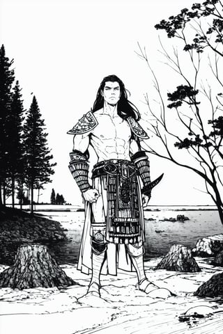 1boy\(male, handsome, young 15 year old, long black hair, viking warrior, tall, musclar, armor, strong jaw, sharp cheekbones, thin lips, shirtless, full body\), standing, background(day, outdoor, sky, ocean, trees) (masterpiece, highres, high quality:1.2), ambient occlusion, outstanding colors, low saturation,High detailed, Detailedface, Dreamscape, Kirk_sketch, Black and white,VikingAlpha