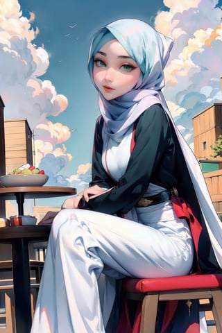 Woman(slim body, young, green eyes, eyelashes, hijab, Wearing a white headscarf and veill,Gorgeous abaya,arabian pants Arabian, feminine, beautiful), looking at viewer with cute expression, sitting, (shot from distance), background(outdoors, day, sky, cloud, restaurant), (masterpiece, highres, high quality:1.2), low saturation,High detailed,soft shading