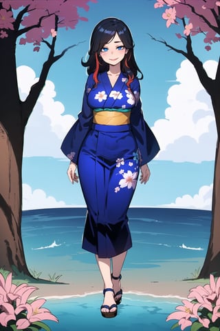 1girl(slim body, adult, 2o years old, long black hair, blue eyes, wearing yukata big breasts, heels), staring at you seductively with a smile on her face, full body, background(day, outdoor, sky, sun, ocean, flowers, trees) (masterpiece, highres, high quality:1.2), ambient occlusion, outstanding colors, low saturation,High detailed, Detailedface, Dreamscape,ratatatat74 style