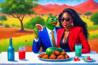 Pepe the frog wearing business suit with beautiful african women, Fried chicken and watermelon, Kool aid on the table, outside at a roadside africa, fantasy, Oil painting, heavy brush strokes, (masterpiece, highres, high quality:1.2), ambient occlusion, low saturation, High detailed, Detailedface, Dreamscape,pepe_frog