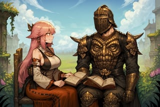 score_9, score_8, score_7, score_8_up, 1boy\(human, dark skin, muscles, giant, tall, wearing full madness Armor and helmet\) with 1girl\(big breasts, Yae Miko wearing dress, smile, blushing pouty lips, seductive\), both sitting on chairs, both staring at each other, reading book, (garden exterior, lakeside),  score_7_up, side view