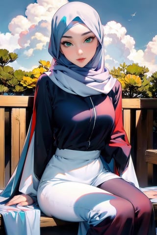 Woman(slim body, young, emerald eyes, eyelashes, hijab, Wearing a white headscarf and veill,Gorgeous abaya,arabian pants Arabian, feminine, beautiful), looking at viewer with cute expression, sitting, (shot from distance), background(outdoors, day, sky, cloud, restaurant), (masterpiece, highres, high quality:1.2), low saturation,High detailed,soft shading