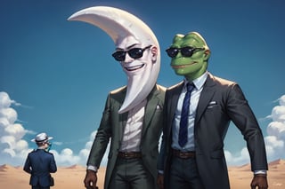 score_9, score_8, score_7, score_8_up, 2boys, 1boy\(Pepe the frog\) and 1boy\(moon man, tall, moon crescent head, gloves\) both wearing business suit and sun glasses, both standing, mojave desert, day, score_7_up