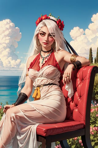 Vaggie(slim body, long white hair, eyelashes, jewelry, earrings, necklace, armlet, bracelet, ring, wearing white roman dress, large cleavage, headdress, bare shoulders, hoop earrings, bridal gauntlets, feminine, beautiful), looking at viewer seductively, sitting on decorated chair, background(flower, outdoors, day, short hair, sky, tree, plant, cloud, ocean, water, potted plant, vase, scenery), (masterpiece, highres, high quality:1.2), low saturation,High detailed,perfect,(vaggie)