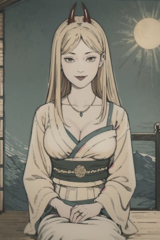 woman\(slim body, long blonde hair, yellow eye color, horns, jewelery, bridal gauntlets, rings, amulets, eyelashes, big breasts, large cleavage, wearing yukata, sandal, feminine, beautiful, mistress, holding a fox\) The scene should convey a seductive smile on her face, with an air of smugness as she maintains eye contact with the viewer, (faull body), sitting, background(rural area, animals, day, sky, sun),(masterpiece, highres, high quality:1.2), ambient occlusion, low saturation, High detailed, Detailedface, (shot from distance)