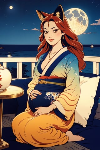 woman\(slim body, long orange hair, red eye color, jewelery, bridal gauntlets, rings, amulets, eyelashes, large cleavage, wearing yukata, pregnant, sandal, feminine, beautiful, mistress, youkai, fox ears, fox tails\) The scene should convey a seductive and arrogant smug expression on her face, with an air of arrogance as she maintains eye contact with the viewer, (full body), sitting, background(luxurious japanese balcony, pillows, sky, night, moon, table(sake), pots with flowers),(masterpiece, highres, high quality:1.2), ambient occlusion, low saturation, High detailed, Detailedface