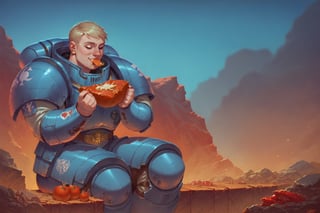 score_9, score_8, score_7, score_8_up, Laois\(human, wearing blue space marine armor\), sitting and eating cooked meat, Mars outdoor,SpaceMarine1024