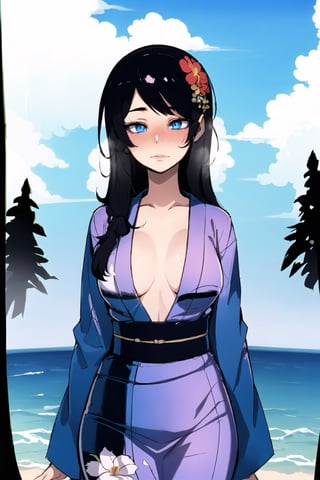 1girl(skinny body, young, 20 years old, long black hair, blue eyes, wearing yukata, small breasts), staring at you cutely, shy, blushing, upper body, background(day, outdoor, sky, sun, ocean, flowers, trees) (masterpiece, highres, high quality:1.2), ambient occlusion, outstanding colors, low saturation,High detailed, Detailedface, Dreamscape,ratatatat74 style