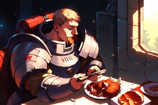 score_9, score_8, score_7, score_8_up, Laois\(human, wearing space marine armor\), sitting and eating cooked meat, Mars outdoor