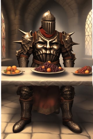 score_9, score_8, score_7, score_8_up, 1man(young, human, tall, wearing madness armor and helmet, sitting) long table, filled with cooked steakand fruits, wine on the table, inside a medieval castle kitchen,score_7_up,Retro art, (side view, different views, comic page), solo